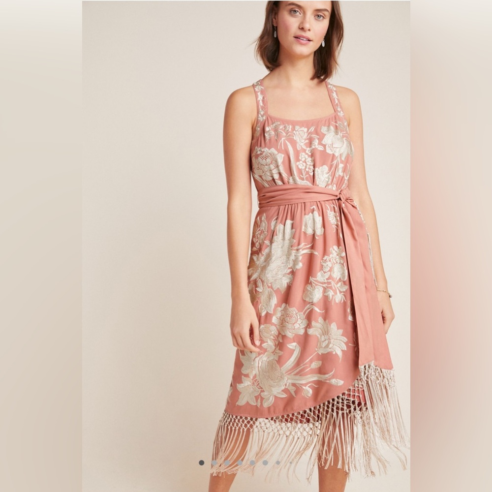 Anthropologie Pink Floral Dress with Fringe